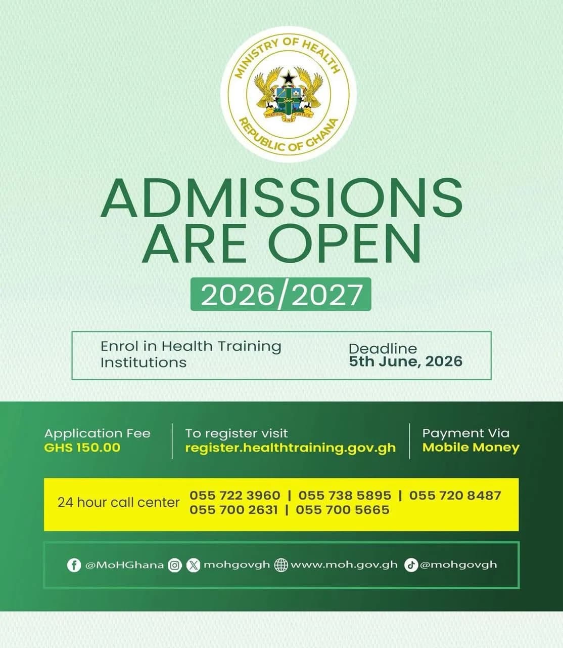 Ministry of Health Admissions Poster 2026/2027